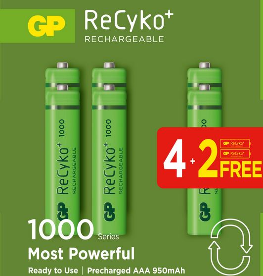 GP Recyko AAA laetavad patareid 1000mAh (4+2 pakis)